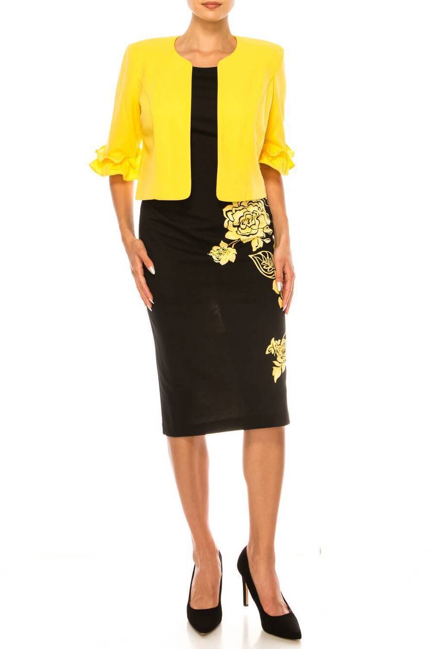 NEW MAYA BROOKE floral print ruffled jacket dress 2-piece set in yellow black
